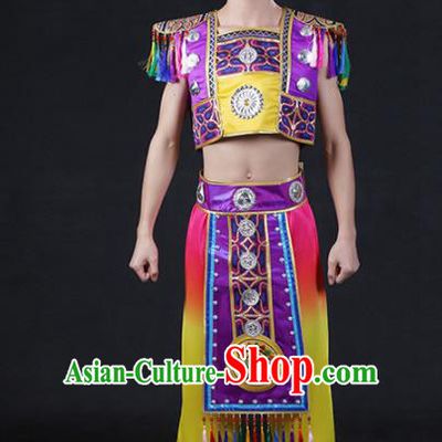 Chinese Traditional Zhuang Nationality Compere Purple Outfits Ethnic Minority Folk Dance Stage Show Festival Costume for Men