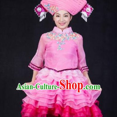 Chinese Traditional Zhuang Nationality Stage Show Pink Short Dress Ethnic Minority Folk Dance Costume for Women
