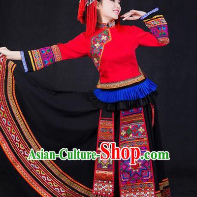 Chinese Traditional Yao Nationality Stage Show Bride Dress Ethnic Minority Folk Dance Costume for Women