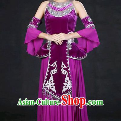Chinese Traditional Miao Nationality Stage Show Purple Long Dress Ethnic Minority Folk Dance Costume for Women