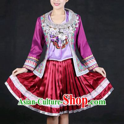 Chinese Traditional Dong Nationality Stage Show Short Dress Ethnic Minority Folk Dance Costume for Women