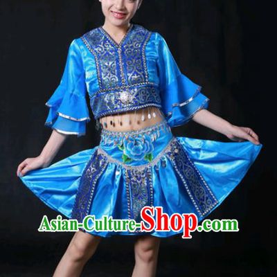 Chinese Traditional Russian Nationality Blue Short Dress Ethnic Minority Folk Dance Stage Show Costume for Women