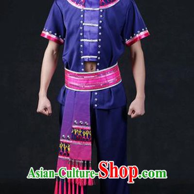 Chinese Traditional Zhuang Nationality Compere Navy Outfits Ethnic Minority Folk Dance Stage Show Festival Costume for Men