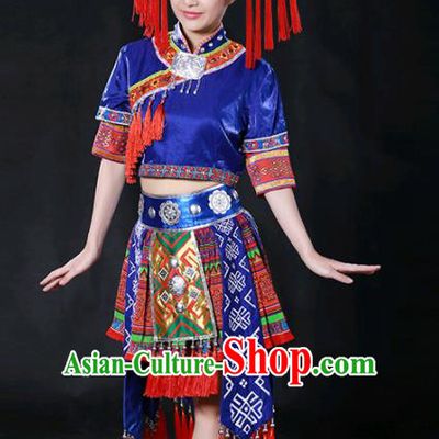 Chinese Traditional Guangxi Zhuang Nationality Royalblue Short Dress Ethnic Minority Folk Dance Stage Show Costume for Women