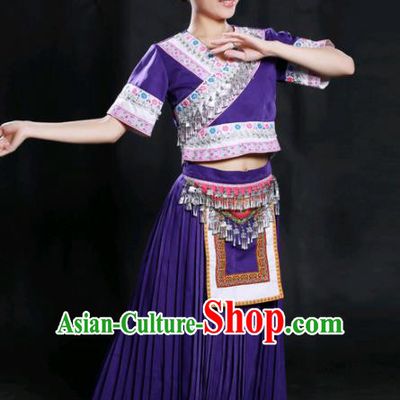 Chinese Traditional Miao Nationality Purple Long Dress Ethnic Minority Folk Dance Stage Show Costume for Women