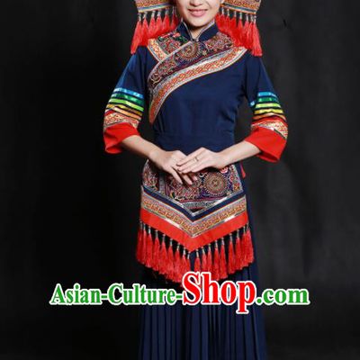 Chinese Traditional Zhuang Nationality Navy Long Dress Ethnic Minority Folk Dance Stage Show Costume for Women