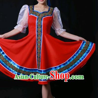 Chinese Traditional Russian Nationality Red Short Dress Ethnic Minority Folk Dance Stage Show Costume for Women