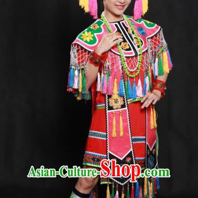 Chinese Traditional Gaoshan Nationality Red Short Dress Ethnic Minority Folk Dance Stage Show Costume for Women