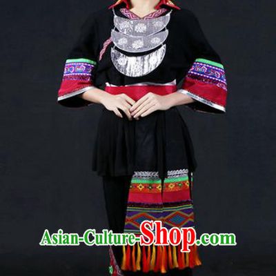 Chinese Traditional Miao Nationality Stage Show Black Dress Ethnic Minority Folk Dance Costume for Women