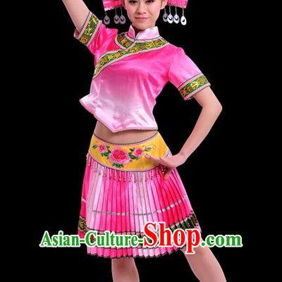Chinese Traditional Zhuang Nationality Pink Short Dress Ethnic Minority Folk Dance Stage Show Costume for Women