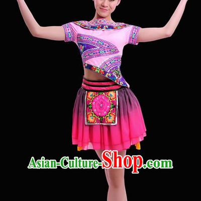 Chinese Traditional Miao Nationality Pink Short Dress Ethnic Minority Folk Dance Stage Show Costume for Women