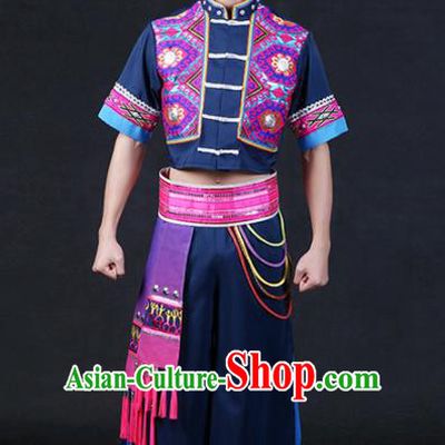 Chinese Traditional Zhuang Nationality Navy Outfits Ethnic Minority Folk Dance Stage Show Compere Festival Costume for Men