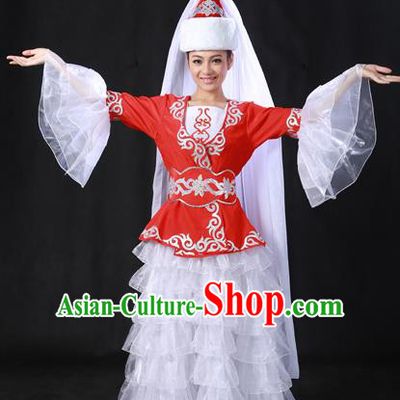 Chinese Traditional Kazak Nationality White Veil Dress Ethnic Minority Folk Dance Stage Show Costume for Women