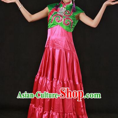 Chinese Traditional Yi Nationality Rosy Dress Ethnic Minority Folk Dance Stage Show Costume for Women
