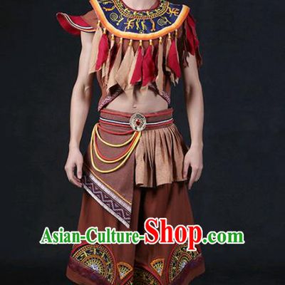 Chinese Traditional Zhuang Nationality Brown Outfits Ethnic Minority Folk Dance Stage Show Compere Festival Costume for Men