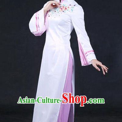 Chinese Traditional Jing Nationality Stage Show White Qipao Dress Ethnic Minority Folk Dance Costume for Women