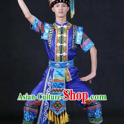 Chinese Traditional Zhuang Nationality Royalblue Outfits Ethnic Minority Folk Dance Stage Show Compere Festival Costume for Men