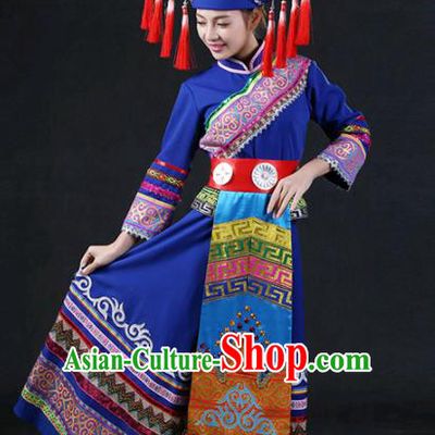 Chinese Traditional Guangxi Zhuang Nationality Stage Show Blue Dress Ethnic Minority Folk Dance Costume for Women