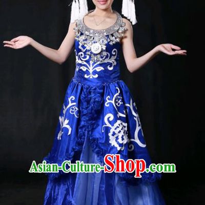 Chinese Traditional Guangxi Zhuang Nationality Stage Show Royalblue Long Dress Ethnic Minority Folk Dance Costume for Women