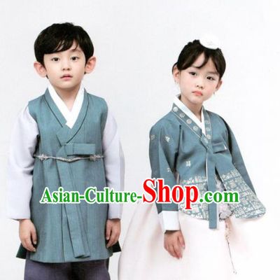 Korean Traditional Hanbok Birthday Blue Outfit Asian Korea Fashion Costume for Kids