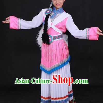 Chinese Traditional Naxi Nationality White Dress Ethnic Minority Folk Dance Stage Show Costume for Women