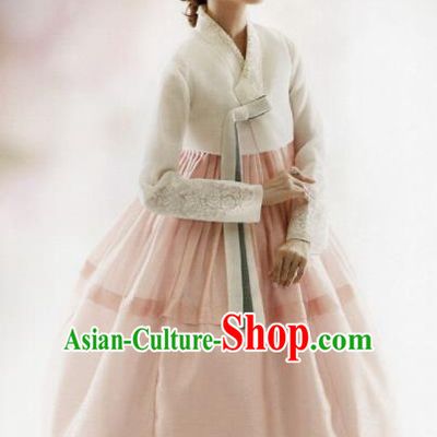 Korean Traditional Hanbok Bride White Blouse and Pink Dress Outfits Asian Korea Fashion Costume for Women