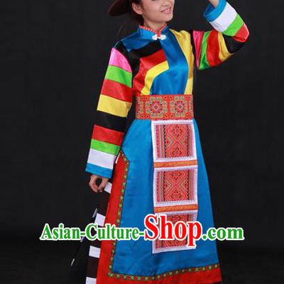 Chinese Traditional Tu Nationality Blue Dress Ethnic Minority Folk Dance Stage Show Costume for Women