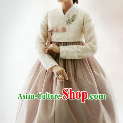 Korean Traditional Hanbok Mother White Blouse and Cameo Brown Dress Outfits Asian Korea Wedding Fashion Costume for Women
