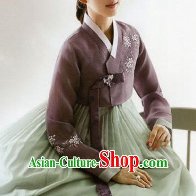 Korean Traditional Hanbok Mother Purple Blouse and Green Dress Outfits Asian Korea Wedding Fashion Costume for Women
