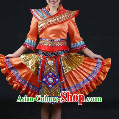 Chinese Traditional Zhuang Nationality Stage Show Orange Short Dress Ethnic Minority Folk Dance Costume for Women