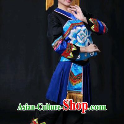Chinese Traditional Guangxi Zhuang Nationality Stage Show Black Outfits Ethnic Minority Folk Dance Costume for Women