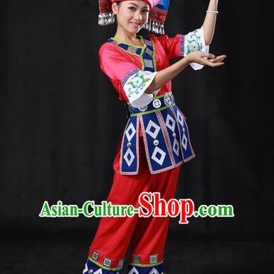 Chinese Traditional Zhuang Nationality Rosy Outfits Ethnic Minority Folk Dance Stage Show Costume for Women