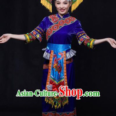 Chinese Traditional Guangxi Zhuang Nationality Royalblue Outfits Ethnic Minority Folk Dance Stage Show Costume for Women