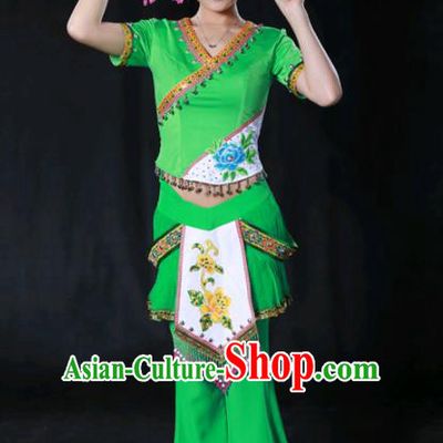 Chinese Traditional Guangxi Zhuang Nationality Green Outfits Ethnic Minority Folk Dance Stage Show Costume for Women