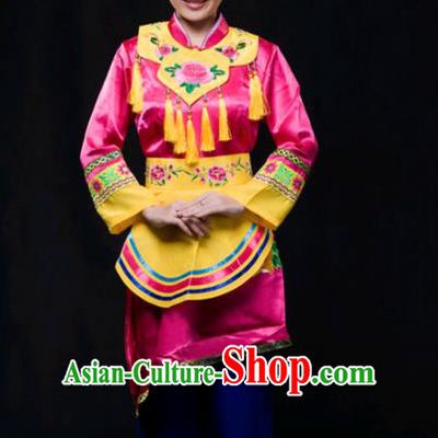 Chinese Traditional Qiang Nationality Rosy Outfits Ethnic Minority Folk Dance Stage Show Costume for Women