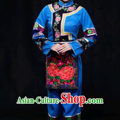 Chinese Traditional Maonan Nationality Blue Outfits Ethnic Minority Folk Dance Stage Show Costume for Women