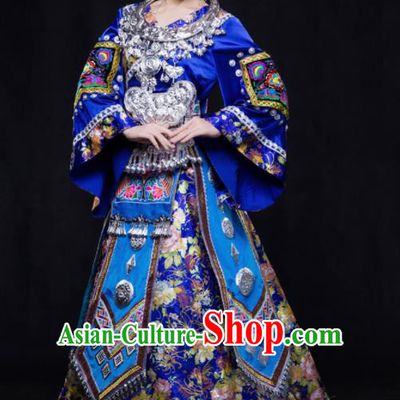 Chinese Traditional Miao Nationality Wedding Royalblue Dress Ethnic Minority Folk Dance Stage Show Costume for Women
