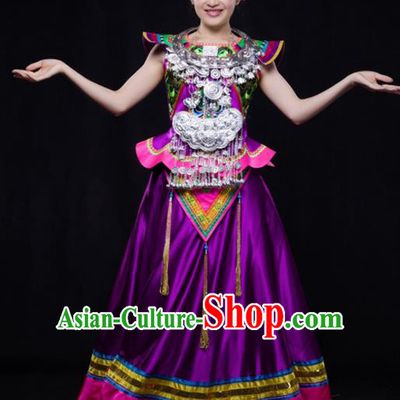Chinese Traditional Miao Nationality Wedding Purple Dress Ethnic Minority Folk Dance Stage Show Costume for Women