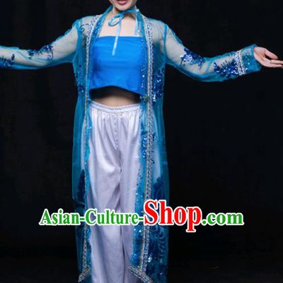 Chinese Traditional Jing Nationality Blue Outfits Ethnic Minority Folk Dance Stage Show Costume for Women