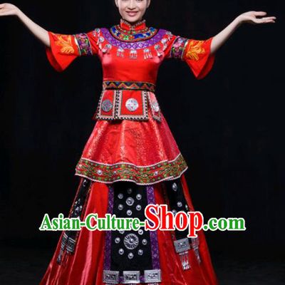 Chinese Traditional Zhuang Nationality Wedding Red Dress Ethnic Minority Folk Dance Stage Show Costume for Women