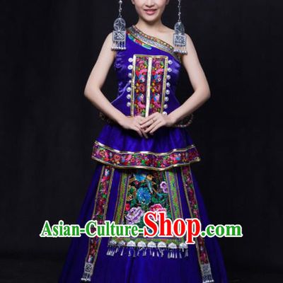 Chinese Traditional Miao Nationality Wedding Royalblue Dress Ethnic Minority Folk Dance Stage Show Costume for Women