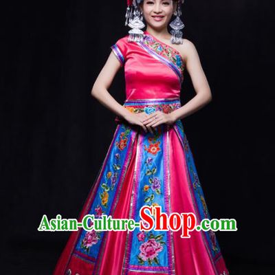 Chinese Traditional Yi Nationality Wedding Rosy Dress Ethnic Minority Folk Dance Stage Show Costume for Women