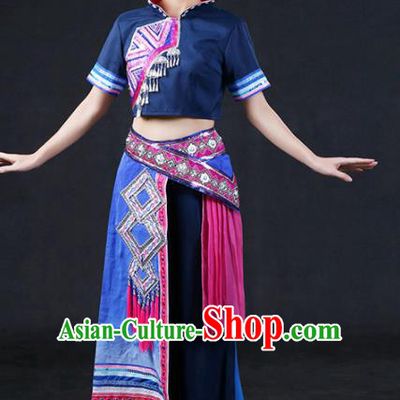 Chinese Traditional Zhuang Nationality Stage Show Navy Outfits Ethnic Minority Folk Dance Costume for Women