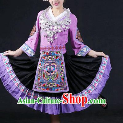 Chinese Traditional Miao Nationality Stage Show Lilac Short Dress Ethnic Minority Folk Dance Costume for Women
