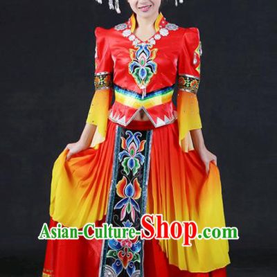 Chinese Traditional Zhuang Nationality Stage Show Red Long Dress Ethnic Minority Folk Dance Costume for Women