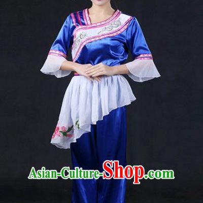Chinese Traditional Zhuang Nationality Stage Show Royalblue Dress Ethnic Minority Folk Dance Costume for Women