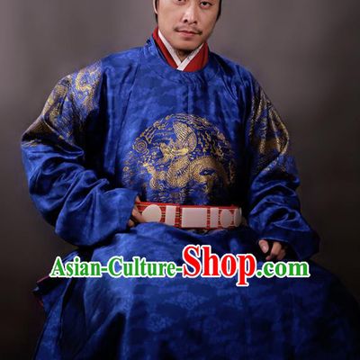 Chinese Ming Dynasty Royal King Embroidered Royalblue Imperial Robe Ancient Emperor Costumes for Men