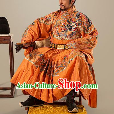 Traditional Chinese Ming Dynasty Emperor Golden Embroidered Robe Ancient King Costumes for Men