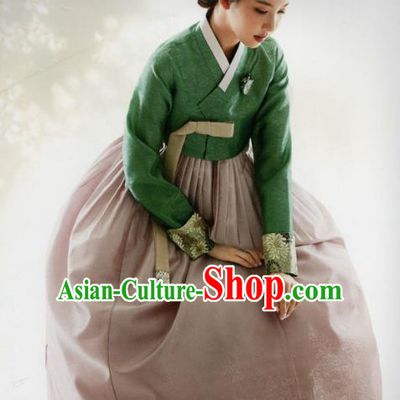 Korean Traditional Hanbok Mother Green Blouse and Cameo Brown Dress Outfits Asian Korea Fashion Costume for Women