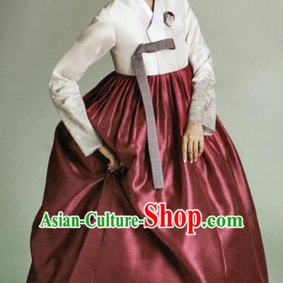 Korean Traditional Hanbok Mother White Satin Blouse and Wine Red Dress Outfits Asian Korea Fashion Costume for Women